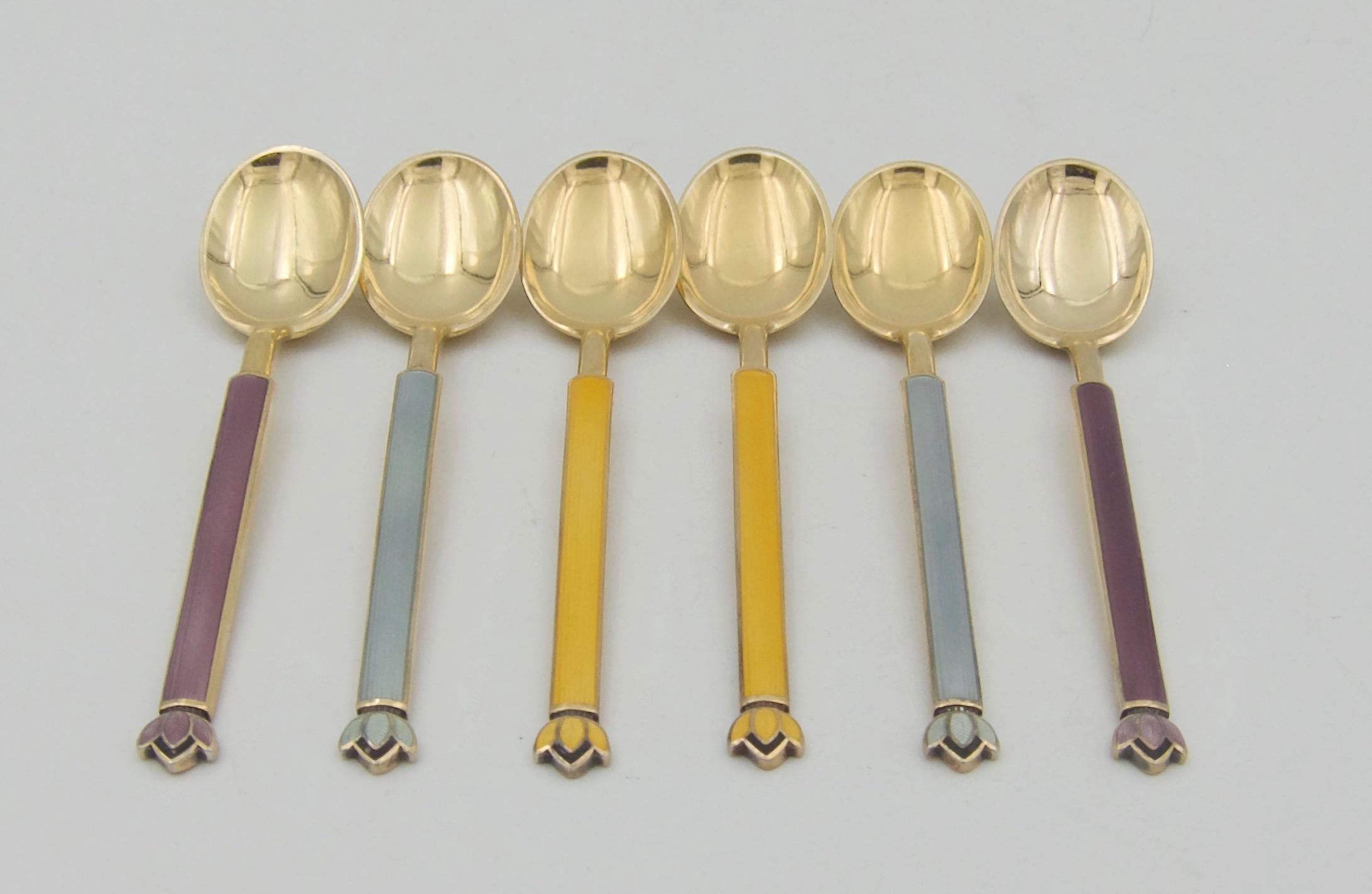 David Andersen Gilt Sterling Silver and Enamel Demitasse Spoon Set 2