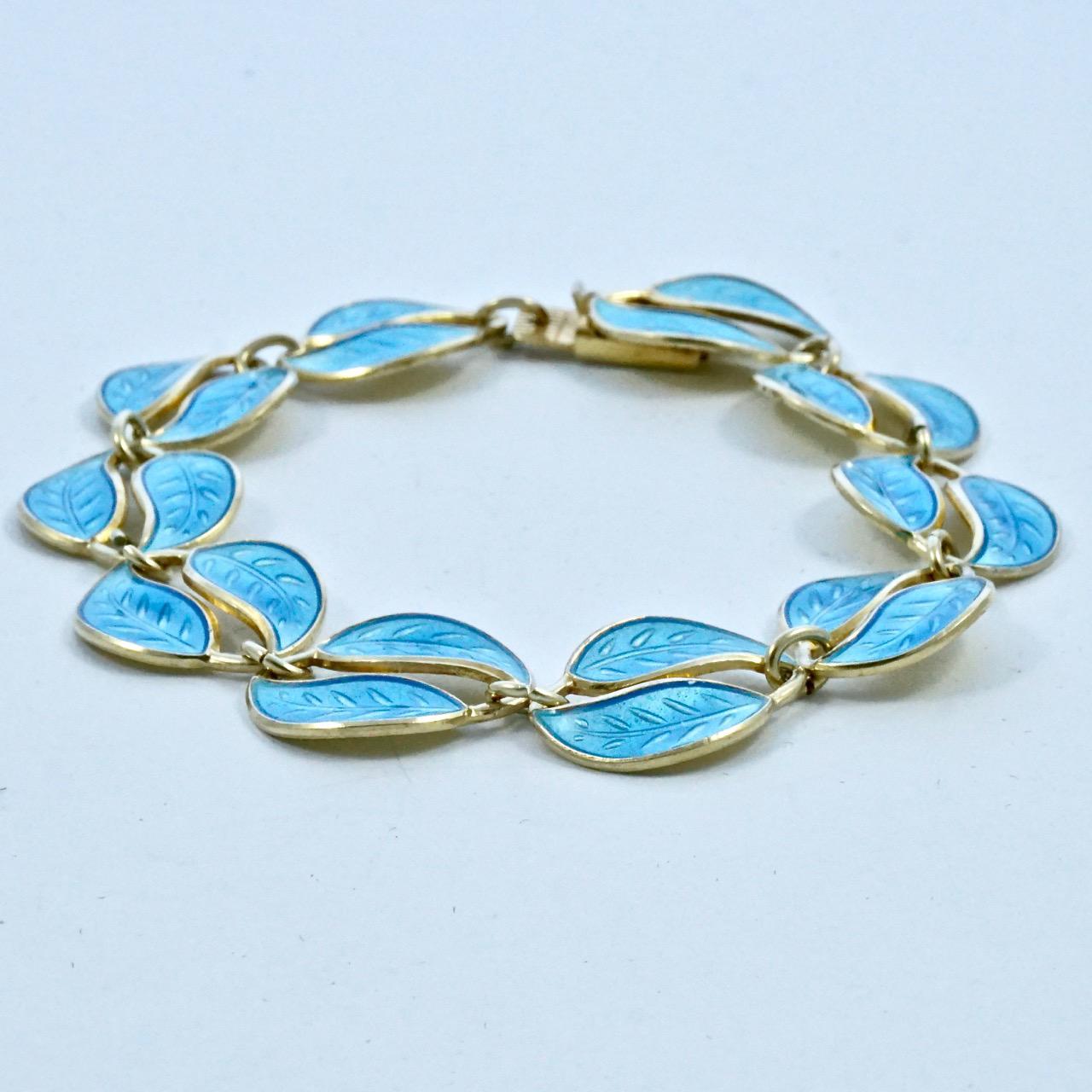 David Andersen Gold Plated Sterling Silver Blue Enamel Double Leaf Bracelet  In Good Condition In London, GB