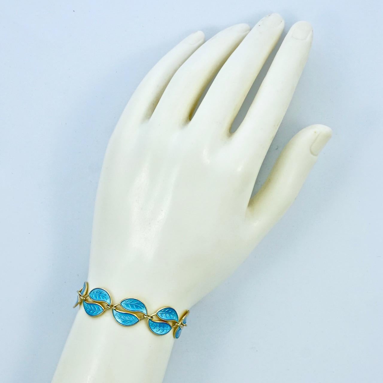 Women's or Men's David Andersen Gold Plated Sterling Silver Blue Enamel Double Leaf Bracelet