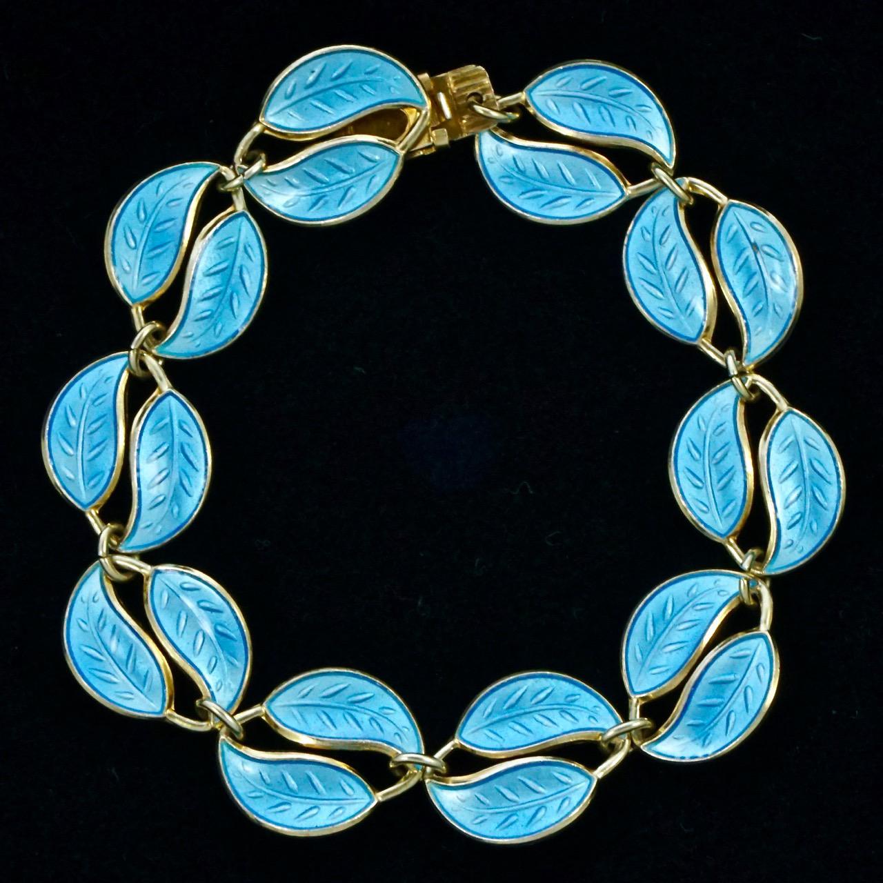 David Andersen Gold Plated Sterling Silver Blue Enamel Double Leaf Bracelet  2