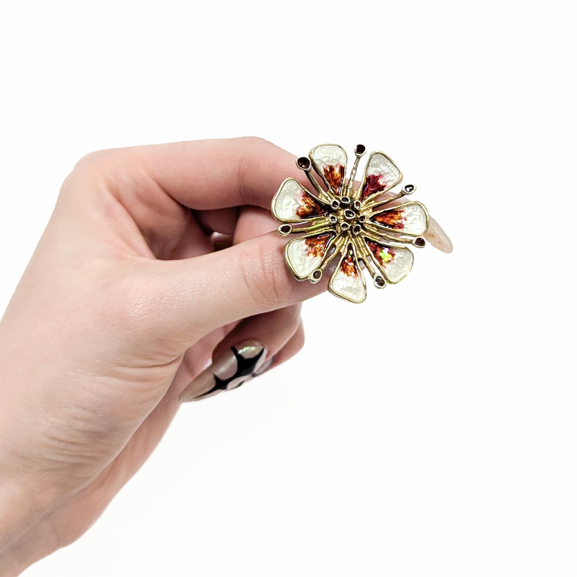Modern David Andersen Mid-Century Sterling Gilt Silver & Enamel Apple Blossom Brooch For Sale