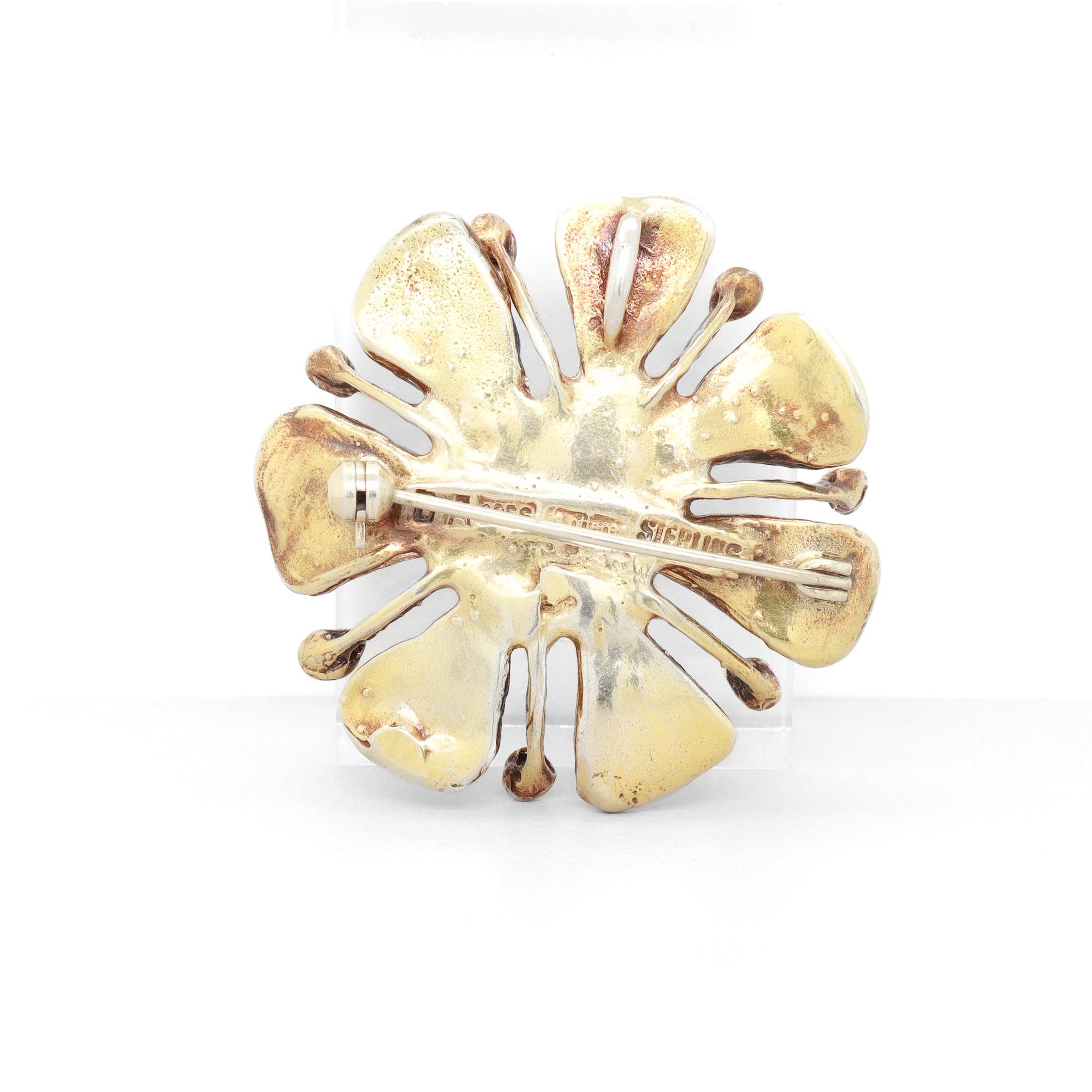 Women's or Men's David Andersen Mid-Century Sterling Gilt Silver & Enamel Apple Blossom Brooch For Sale