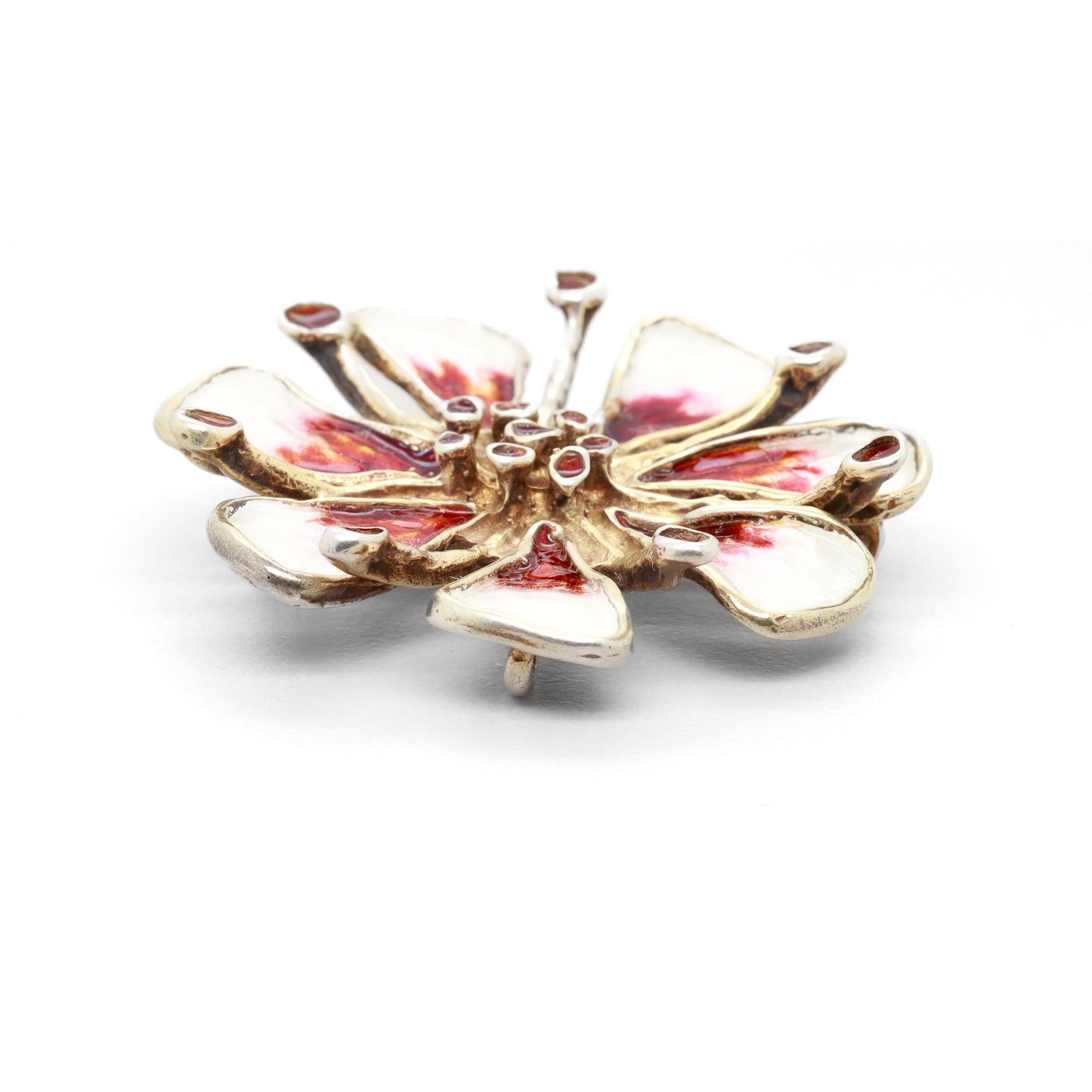 David Andersen Mid-Century Sterling Gilt Silver & Enamel Apple Blossom Brooch For Sale 1
