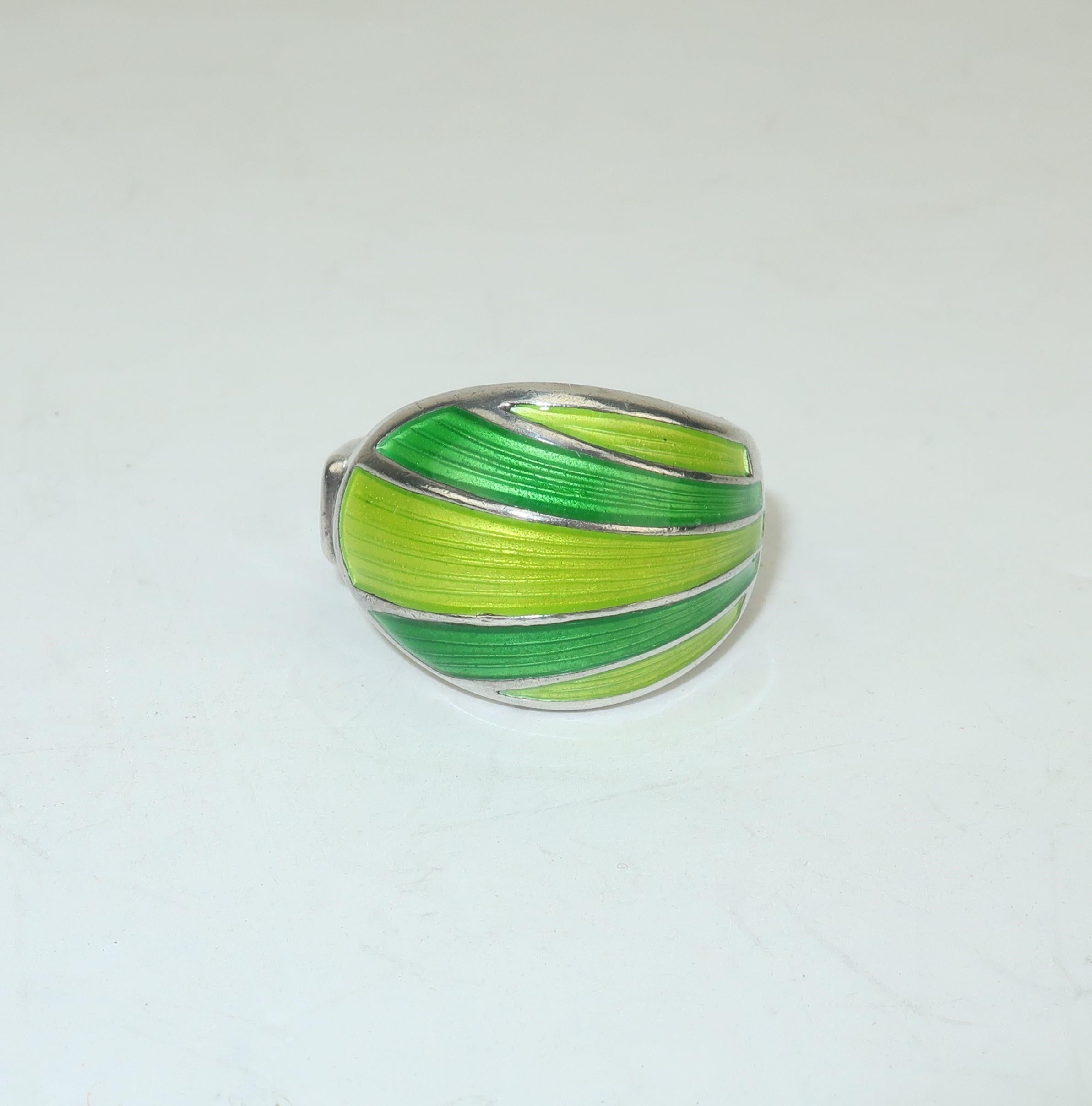 David Andersen Modernist Sterling Silver & Green Enamel Ring, 1960's 1