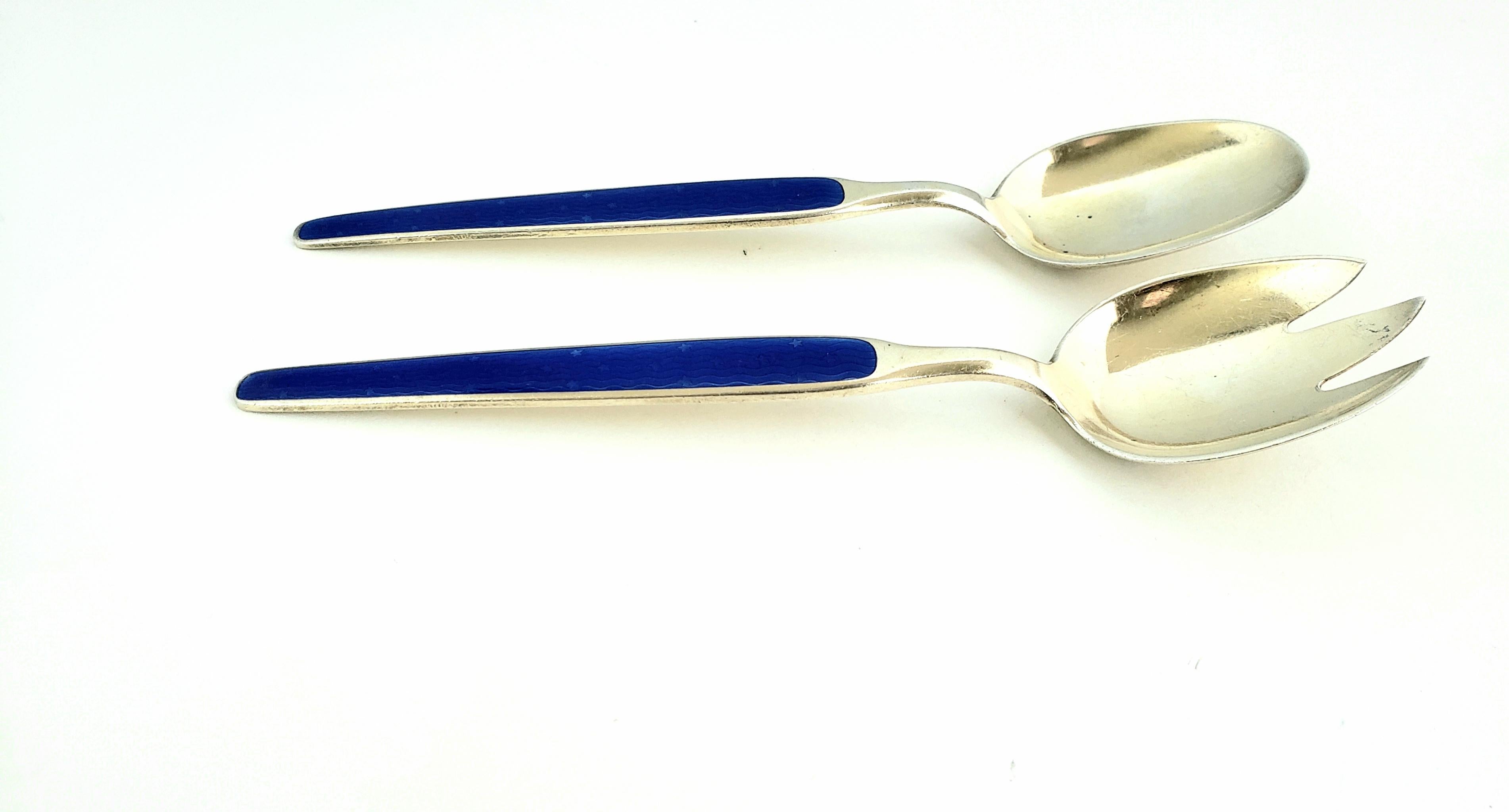 Women's or Men's David Andersen Norway Vermeil Sterling Silver Blue Enamel Serving Spoon Set