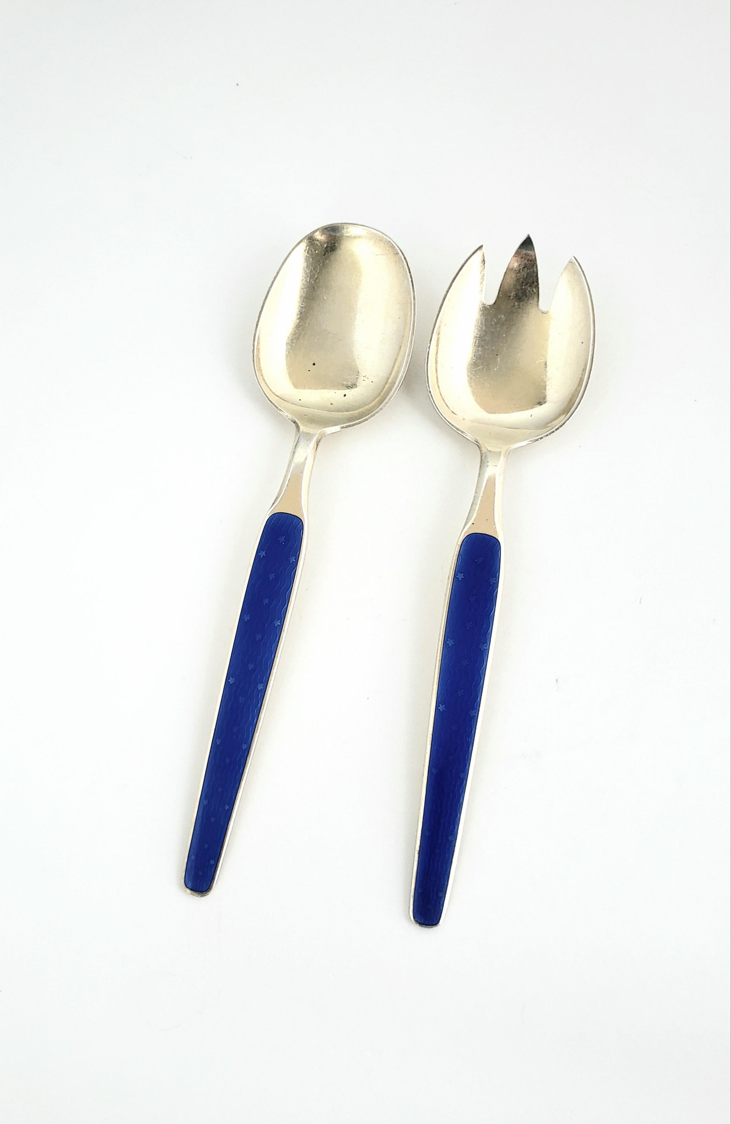 David Andersen Norway Vermeil Sterling Silver Blue Enamel Serving Spoon Set 1