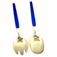 David Andersen Norway Vermeil Sterling Silver Blue Enamel Serving Spoon Set