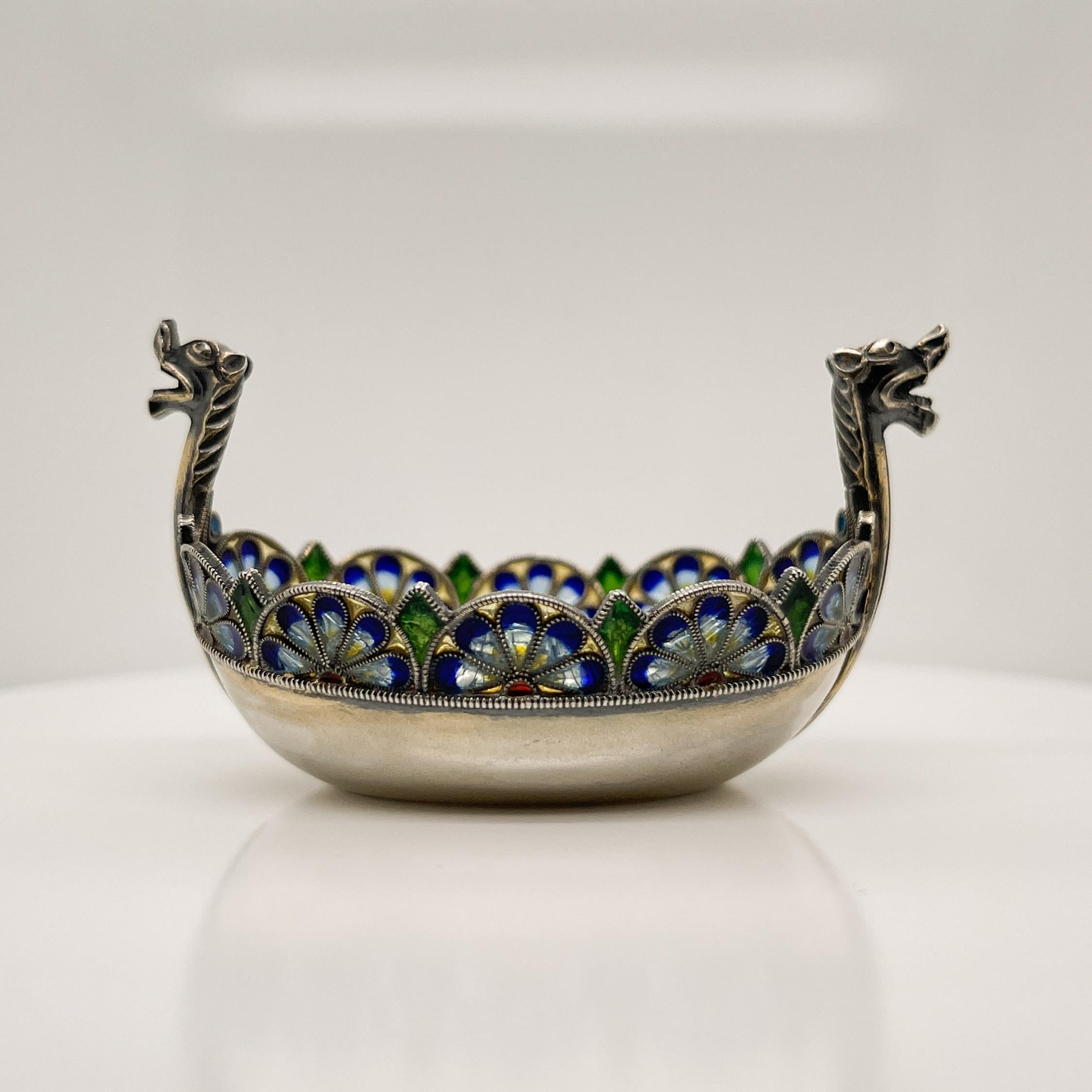 David Andersen Plique a Jour Enamel & Sterling Silver Viking Boat Salt Cellar In Good Condition In Philadelphia, PA