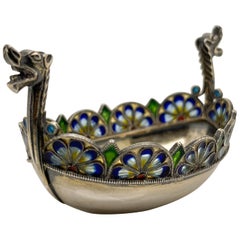 Antique David Andersen Plique a Jour Enamel & Sterling Silver Viking Boat Salt Cellar