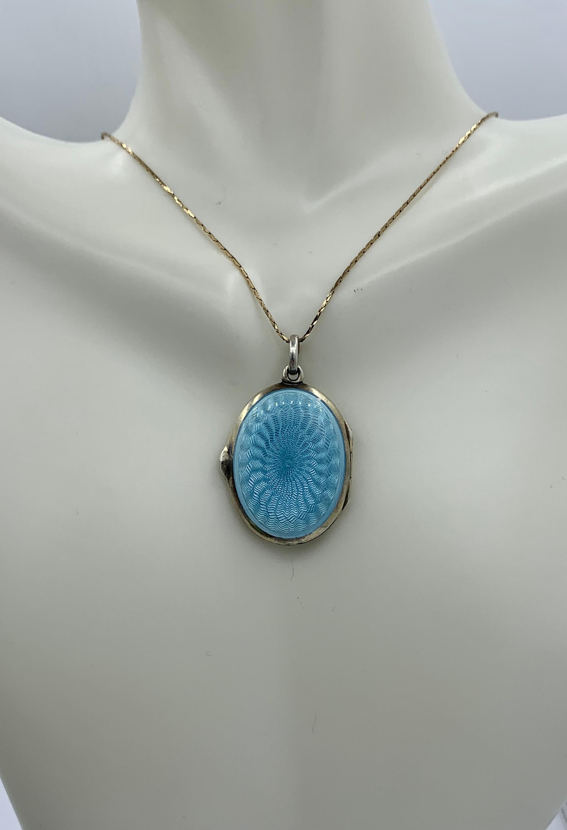 David Andersen Robin's Egg Blue Guilloche Enamel Sterling Silver Locket Norway In Excellent Condition In New York, NY