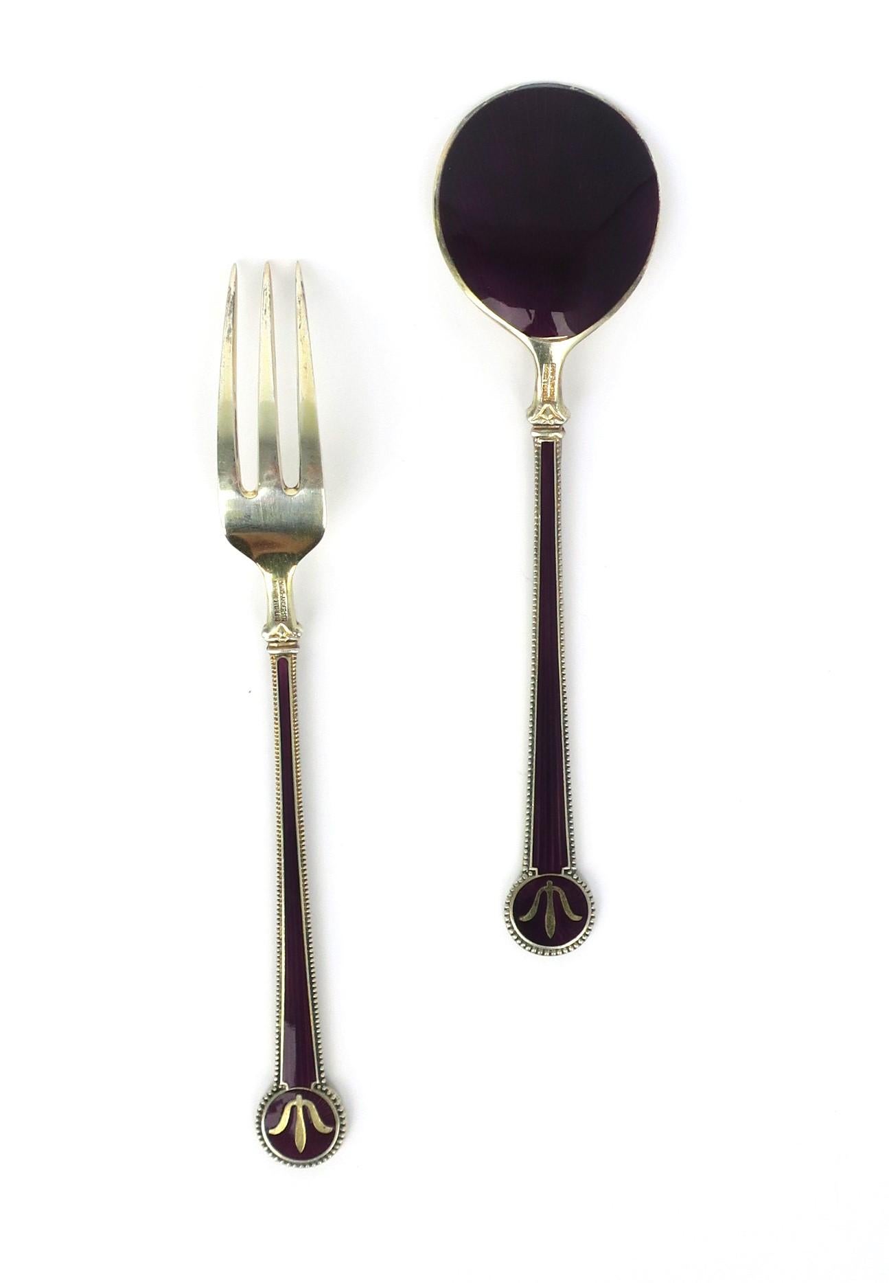 20th Century Sterling Silver Enamel Guilloche Fork Spoon Appetizer Serving Set David Andersen For Sale