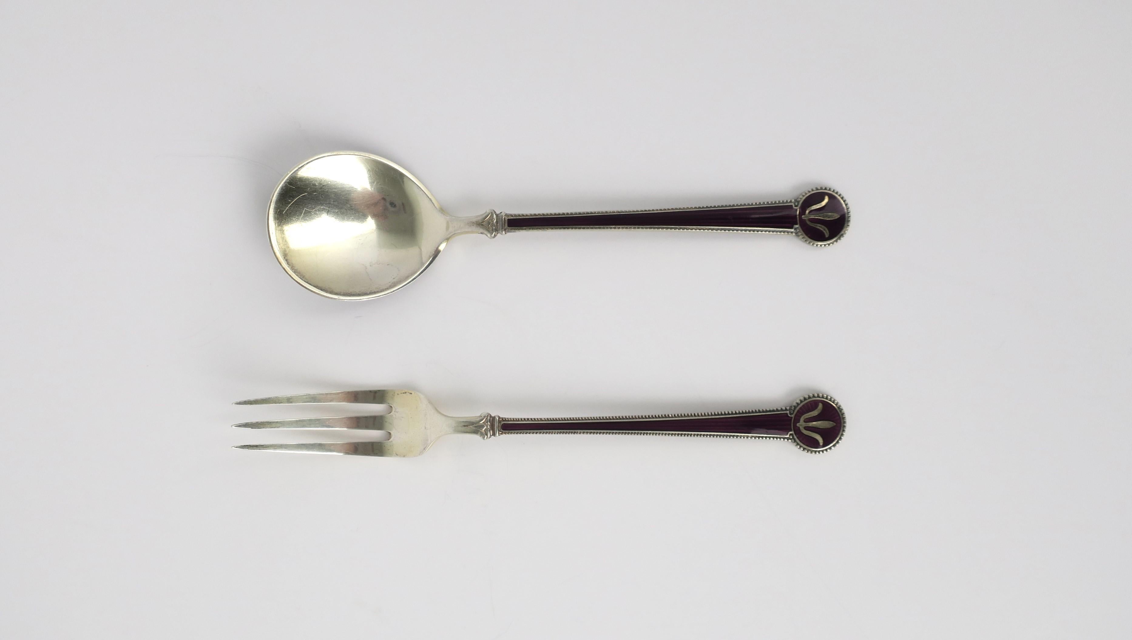 Scandinavian Modern Sterling Silver Enamel Guilloche Fork Spoon Appetizer Serving Set David Andersen For Sale