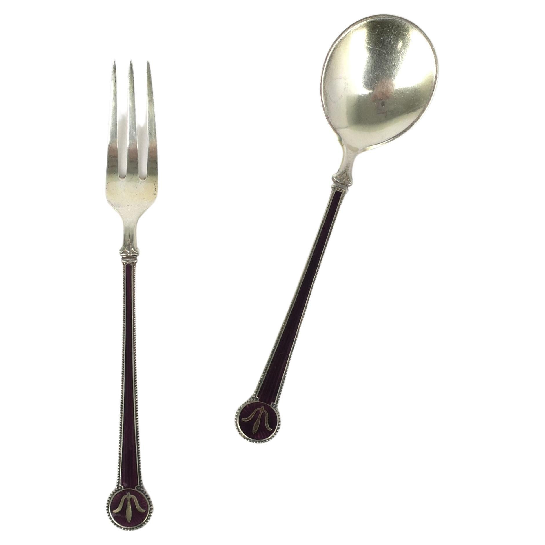 Sterling Silver Enamel Guilloche Fork Spoon Appetizer Serving Set David Andersen For Sale
