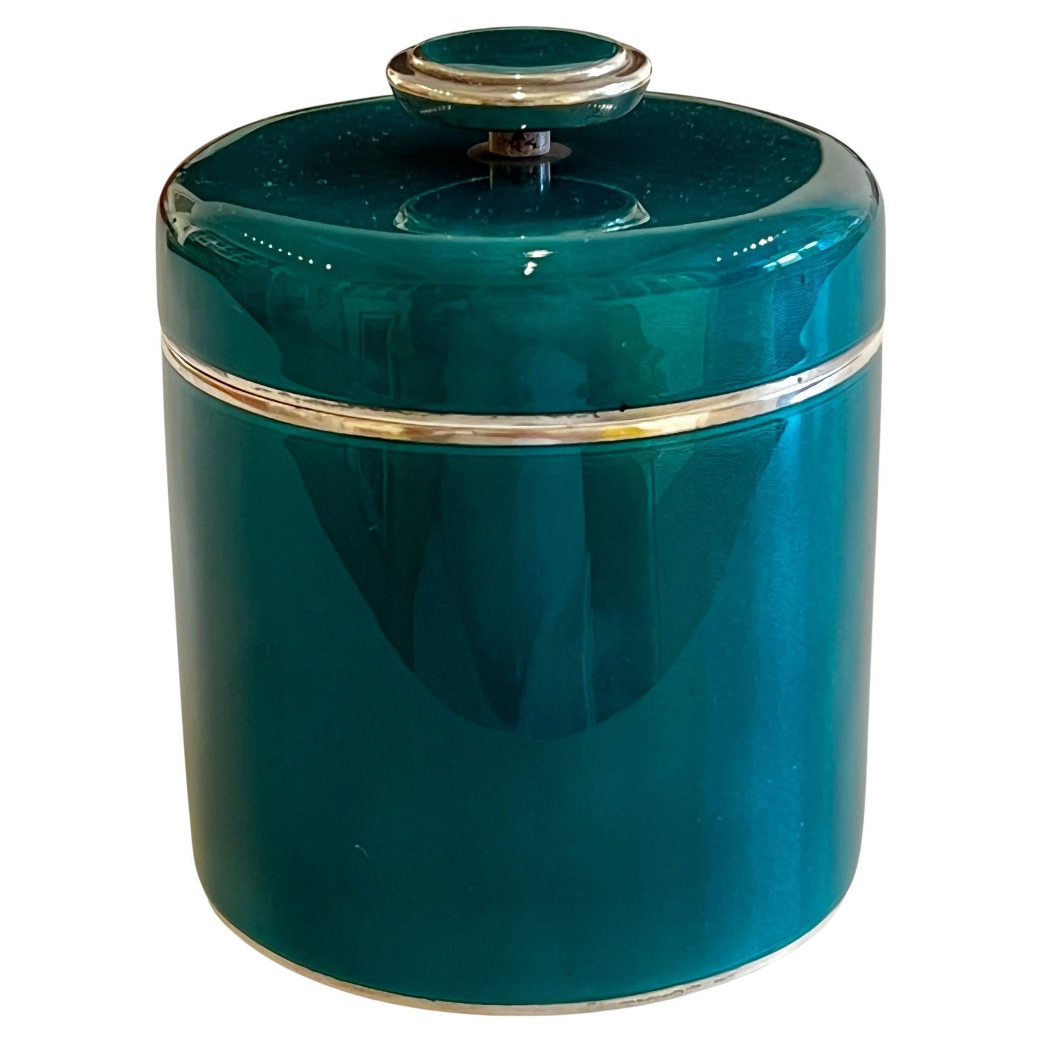 David Andersen Sterling Silver & Guilloche Teal Enamel Box with Lid, 1960's.  Overall excellent condition with age appropriate wear and minor tarnishing to silver. No Damages. Slight surface scratches to base.  Weighs approx 9.09 ozt. 