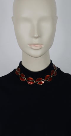 DAVID ANDERSEN Vintage Sterling Silver and Red Enamel Double Leaf Link Necklace