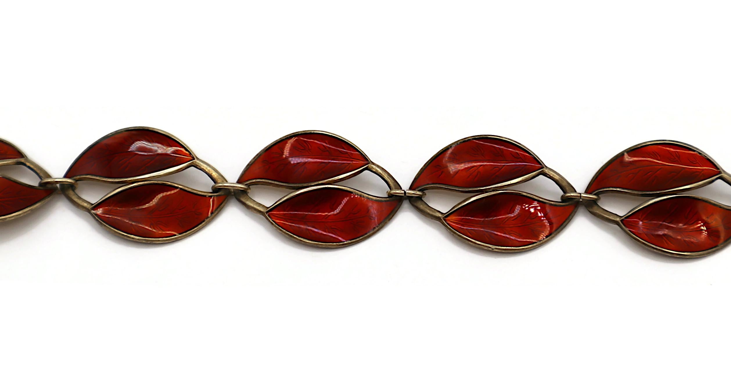 DAVID ANDERSEN Vintage Sterling Silver and Red Enamel Double Leaf Link Necklace For Sale 1
