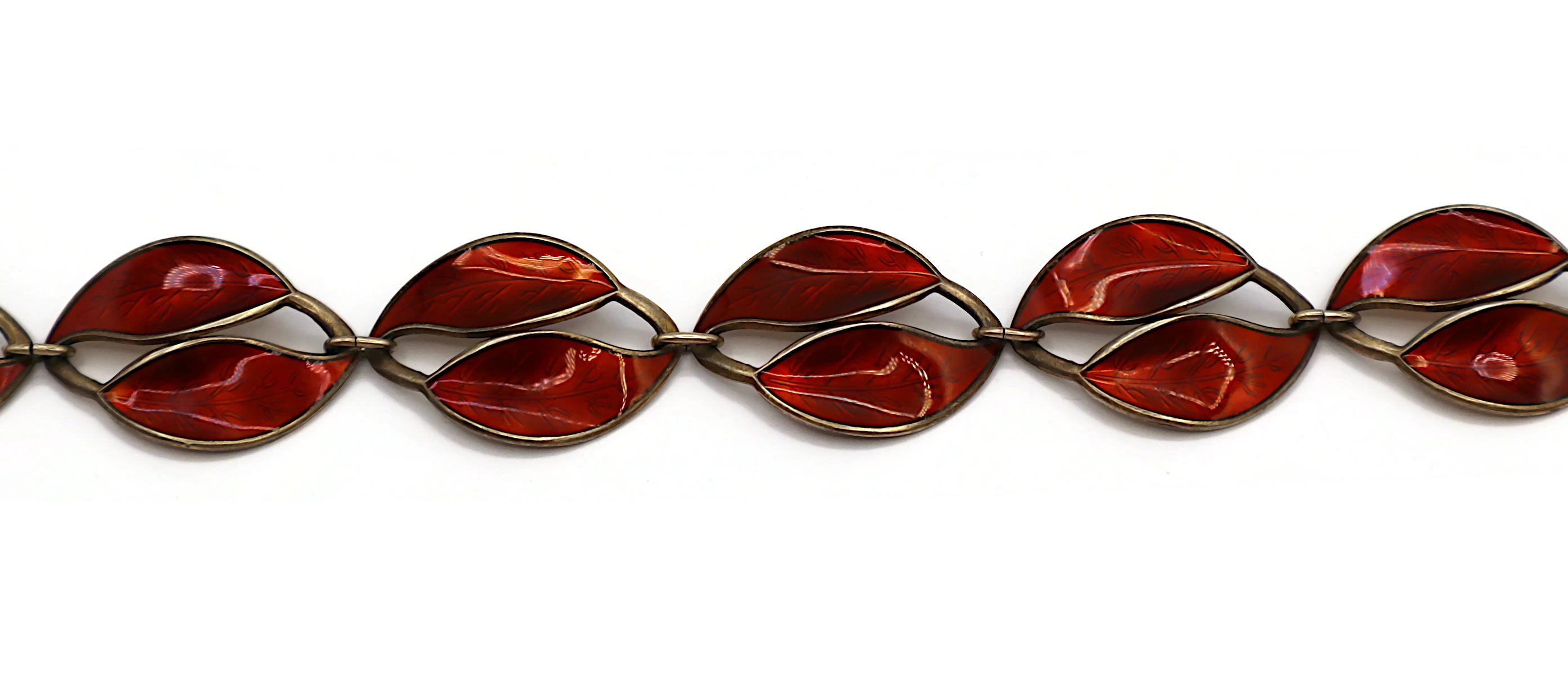 DAVID ANDERSEN Vintage Sterling Silver and Red Enamel Double Leaf Link Necklace For Sale 2