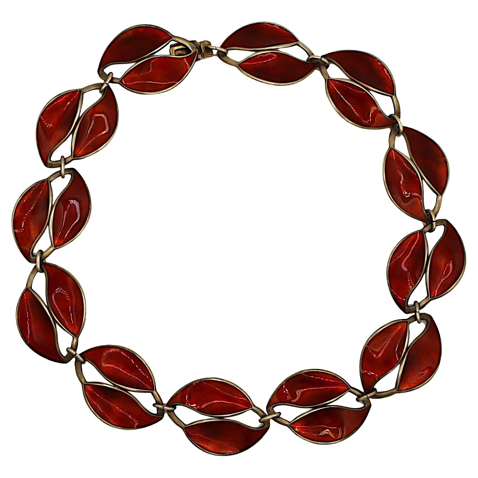 DAVID ANDERSEN Vintage Sterling Silver and Red Enamel Double Leaf Link Necklace For Sale