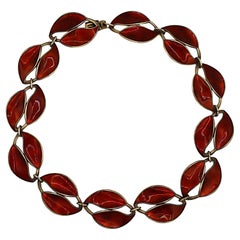 DAVID ANDERSEN Vintage Sterling Silver and Red Enamel Double Leaf Link Necklace