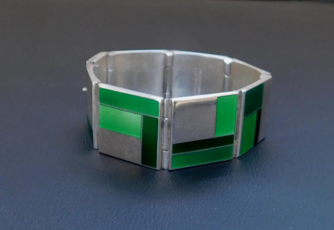 Late 20th Century David Anderson Modernist Geometric Enamel and Sterling Bracelet For Sale
