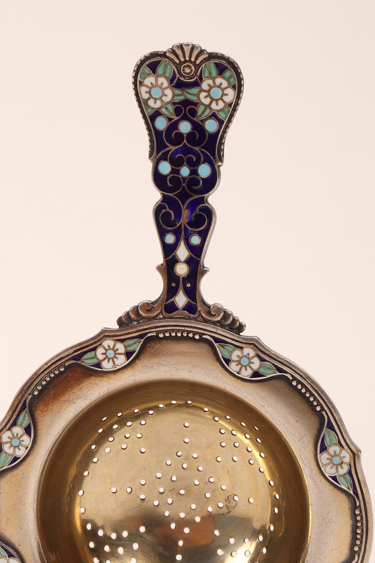 20th Century David Andreson Silver and Enamels Tea Strainer, Denmark, 1900.  For Sale