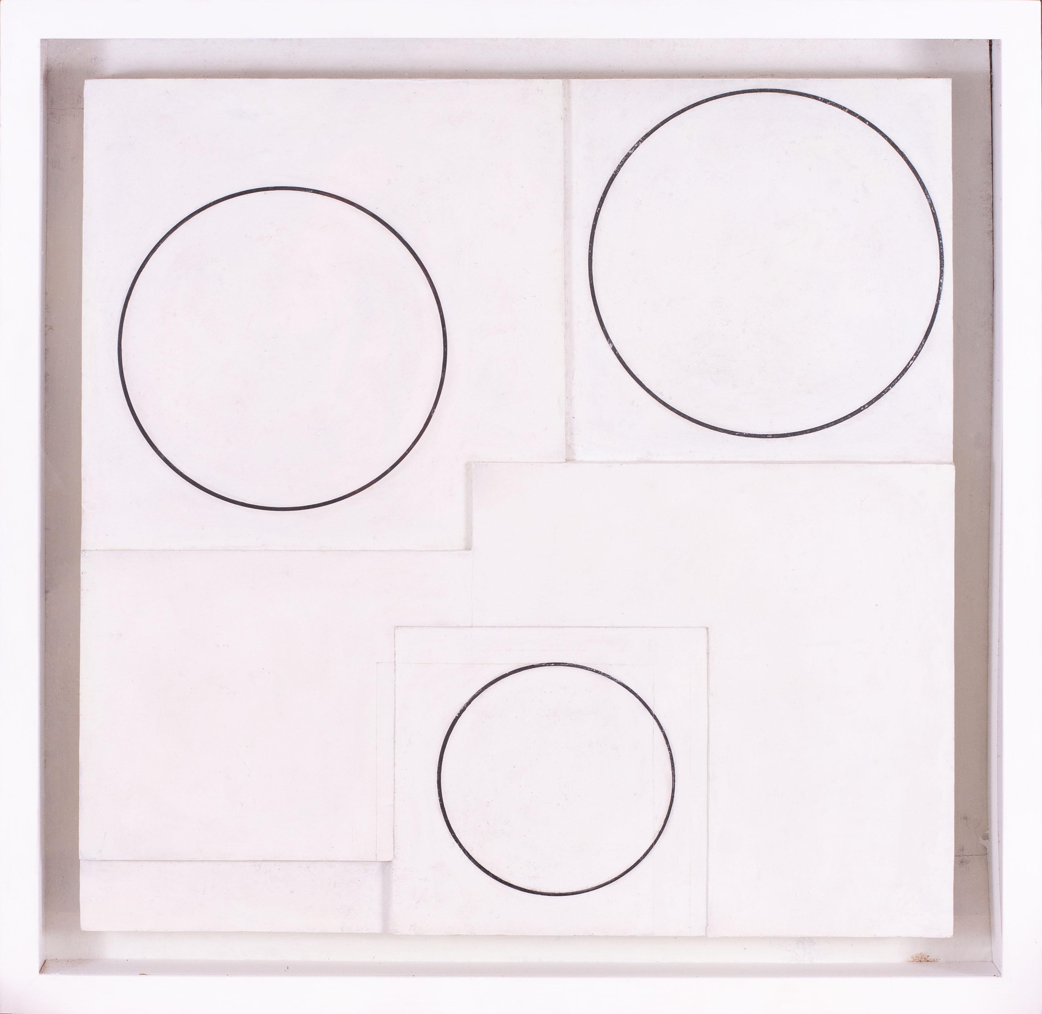 A very stylish mid 20th Century assemblage work by Cornish St.Ives artist David Andrew 'Three Circles'.

The details of the work are as follows:
David Andrew (British, 1934)
Three Circles
Oil on wooden board, assemblage
29.1/2 x 29.1/2 in. (75 x