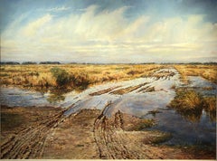 David Armstrong, "Tracks", landscape of a field with tire tracks oil painting