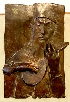 Bronzeskulptur Relief Troubadour Figurative amerikanischer Modernist David Aronson, Bronzeskulptur