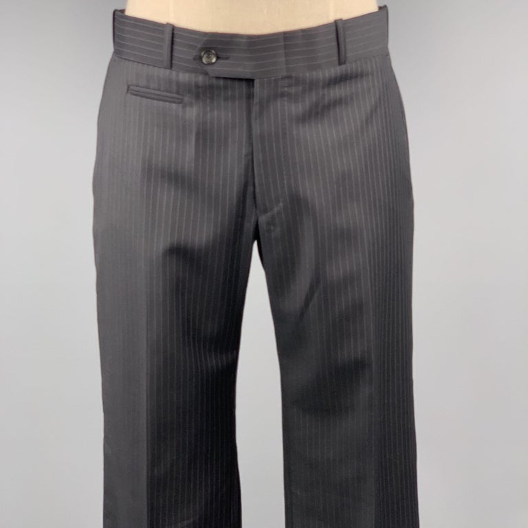 DAVID AUGUST Size 40 Black Stripe Wool Peak Lapel 34 x 31 Suit For Sale