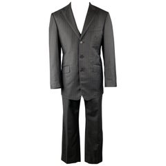 DAVID AUGUST Size 40 Charcoal & Blue Stripe Wool Notch Lapel 34 x 30 Suit