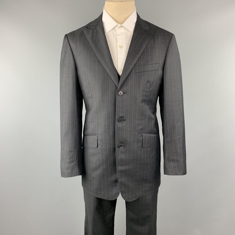 DAVID AUGUST Size 40 Charcoal and Blue Stripe Wool Notch Lapel 34 x 30 ...