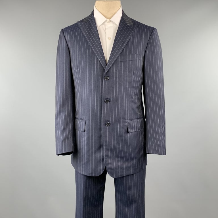DAVID AUGUST Size 40 Navy and Gray Stripe Wool Peak Lapel 34 x 30 Suit ...
