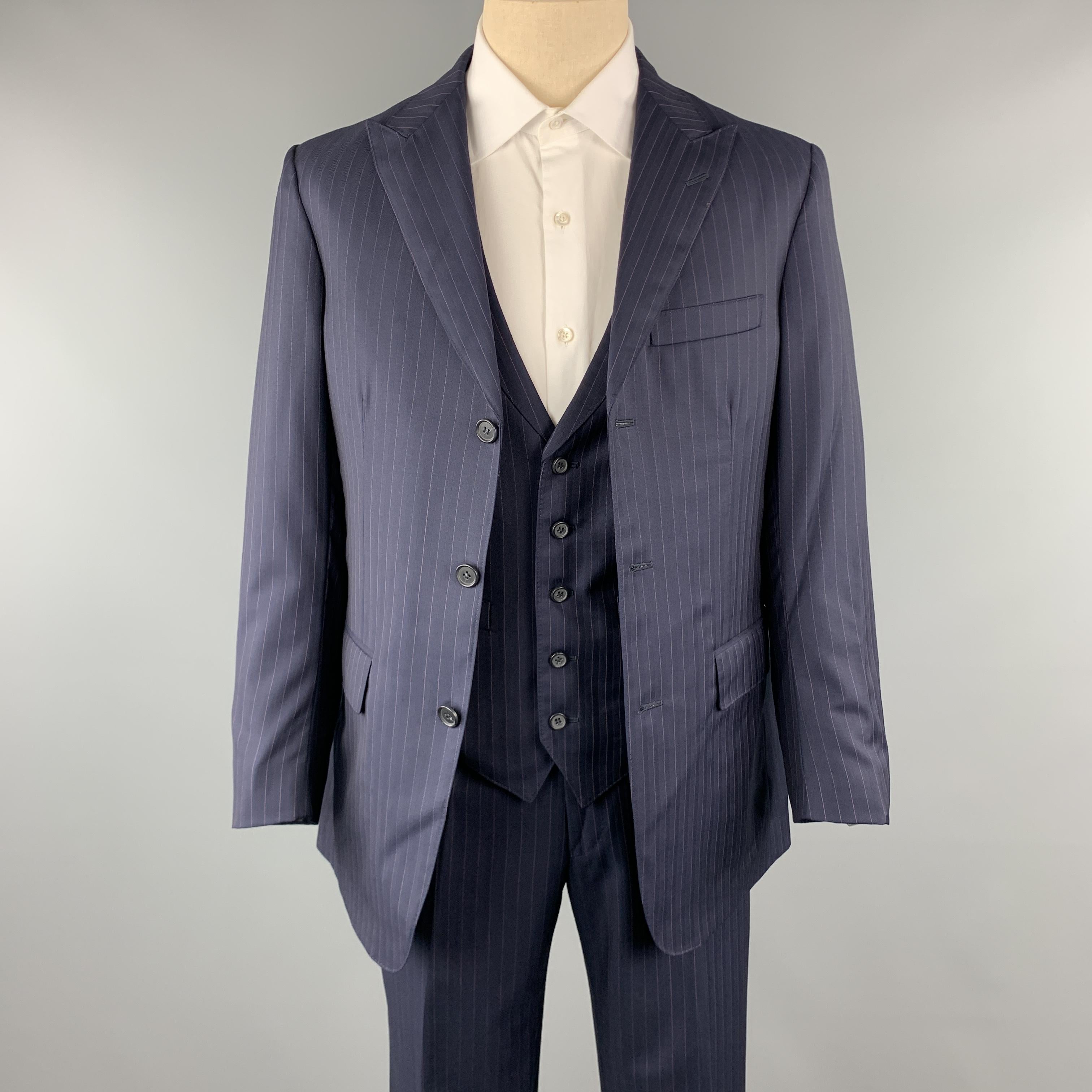 DAVID AUGUST Size 40 Navy and Pink Stripe Wool Peak Lapel 34 x 30 Suit