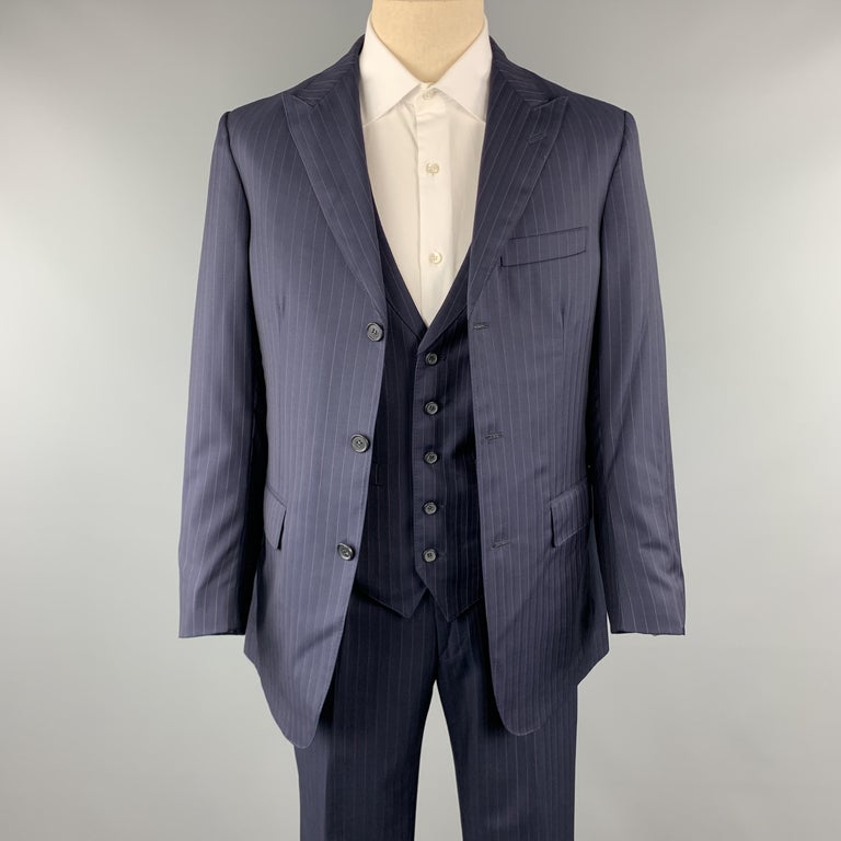 DAVID AUGUST Size 40 Navy and Pink Stripe Wool Peak Lapel 34 x 30 Suit