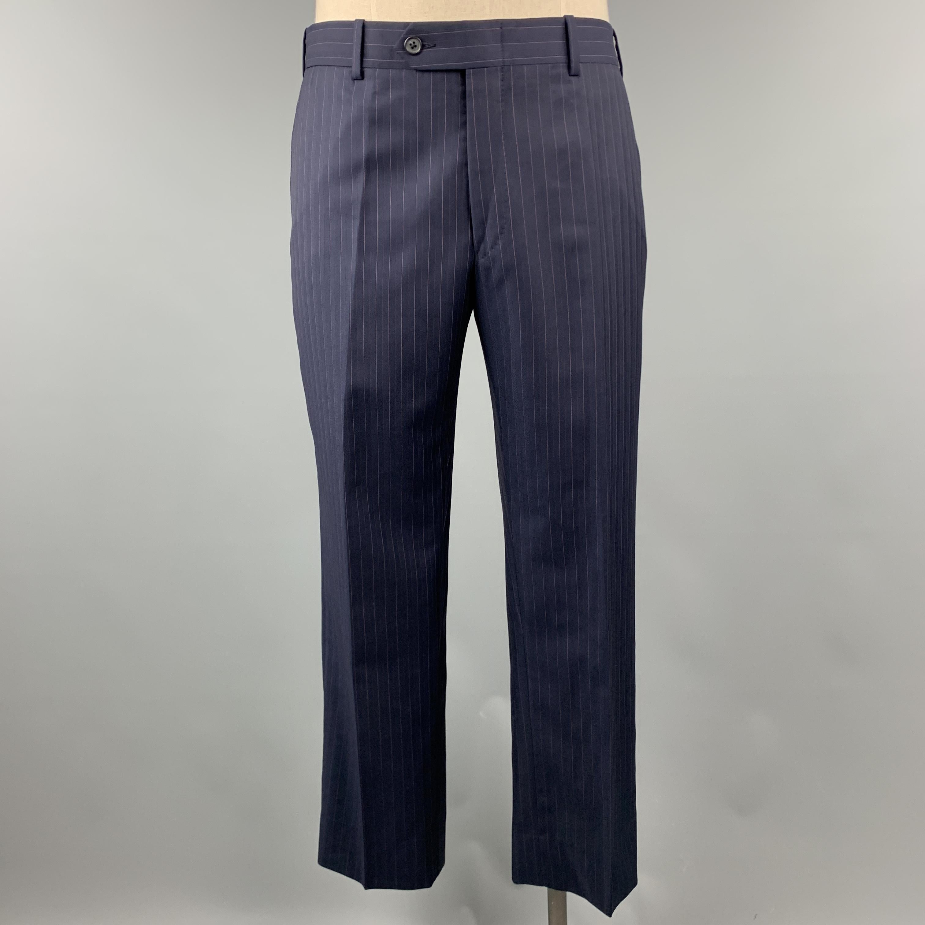 DAVID AUGUST Size 40 Navy and Pink Stripe Wool Peak Lapel 34 x 30 Suit