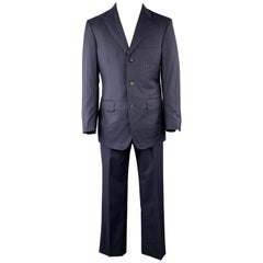 DAVID AUGUST Size 40 Navy & Pink Stripe Wool Peak Lapel 34 x 30 Suit