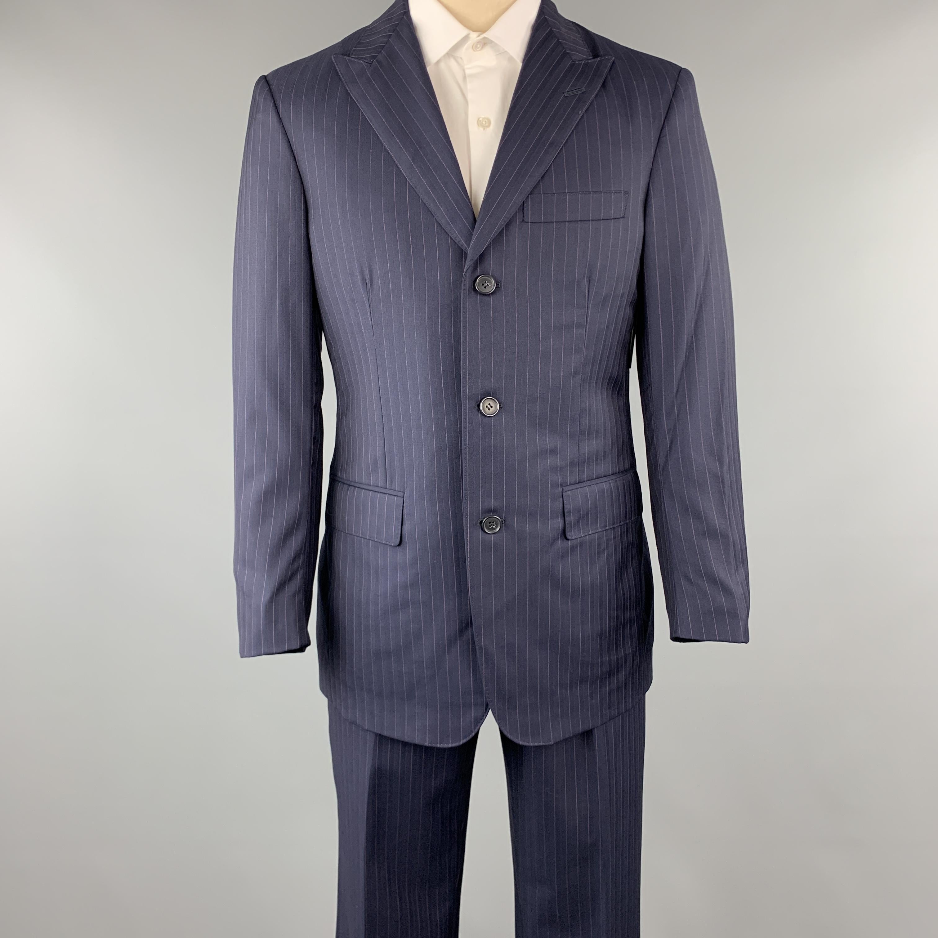 DAVID AUGUST Size 40 Navy and Pink Stripe Wool Peak Lapel 34 x 30 Suit
