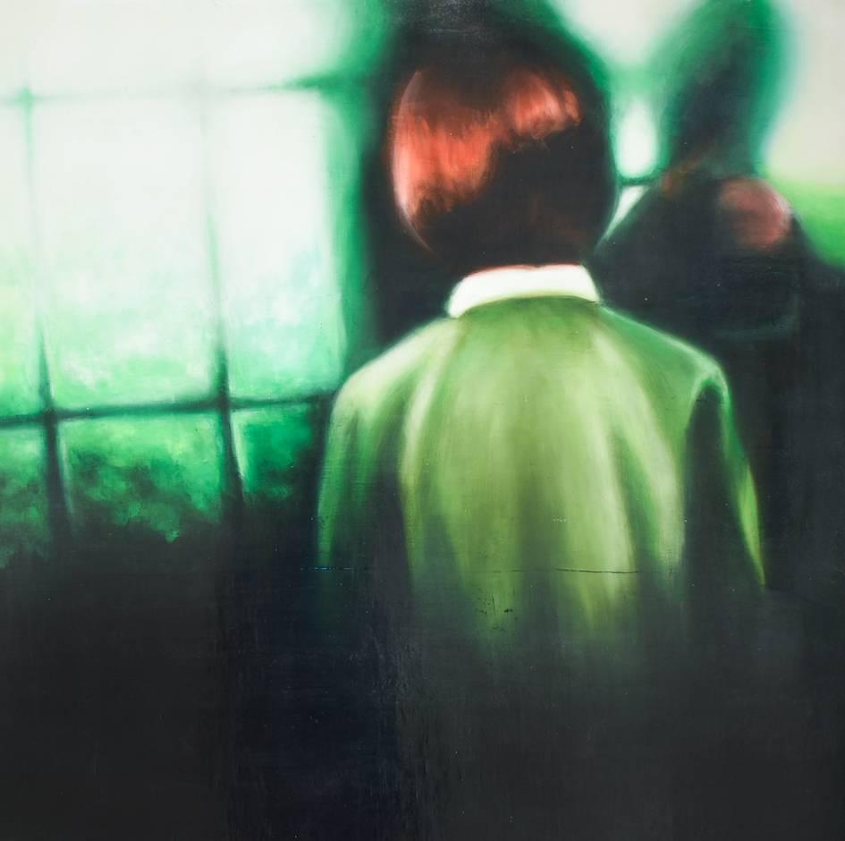 Who's There (Figurative Painting on Panel of Woman in Green Dress & Red Hair)  1