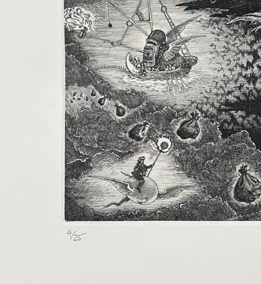Medium: Etching
Year: 2021
Edition Size: 25
Image Size: 4.5 x 9.75 inches

One of several recent prints by Avery that continue to win awards and purchase by museums and public collections. Surrealistic image with references to Goya, Max Klinger and