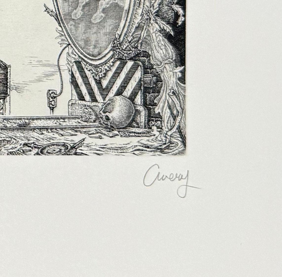 Firmato e numerato in un'edizione di 30 copie. La satira sulle follie porta al conflitto. L'interpretazione surreale di Avery di un cavaliere alla carica contro il suo stesso riflesso.

David Avery continua a esplorare le possibilità espressive e