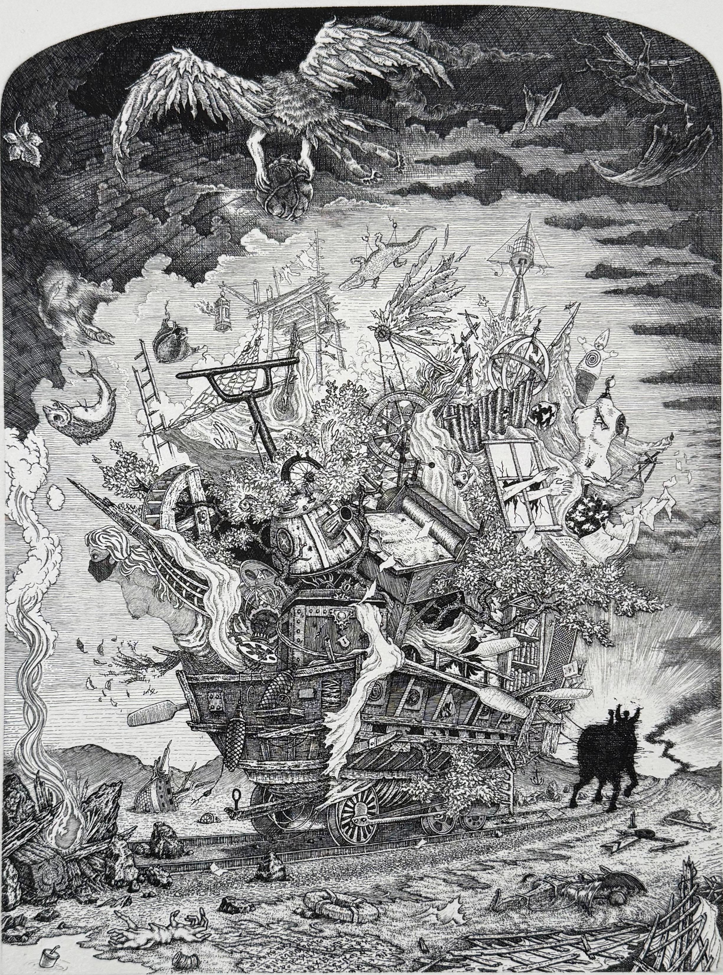 Una riflessione sulla nostra situazione nel nuovo mondo post-razionale. L'acquaforte "After the Deluge" di David Avery è un'opera che esplora i temi del post-razionalismo e delle conseguenze degli sconvolgimenti sociali. L'opera, completata nel