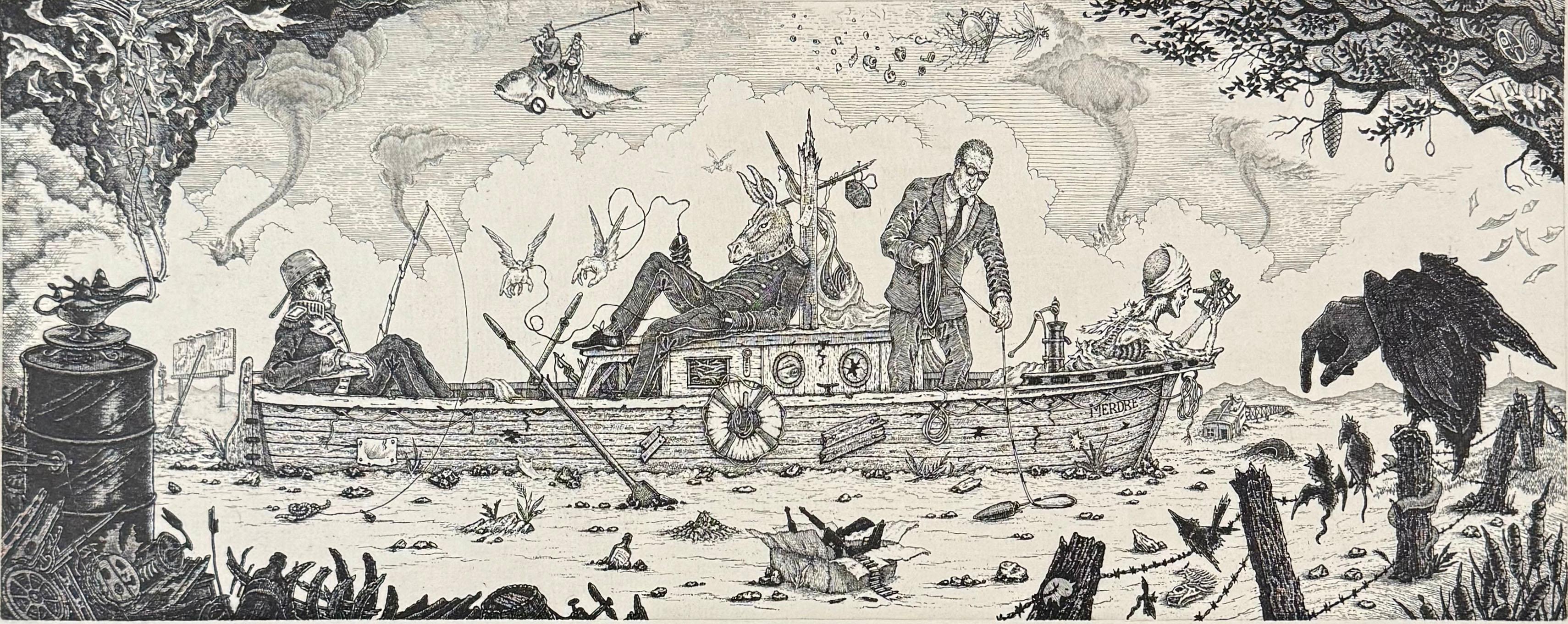 Apocalyptic etching of a sailing ship beached in a desert and captained by a skeleton - 
a rumination on our situation in our new post-rational world. Avery's work is characterized by its intricate detail and dark humor, often drawing inspiration