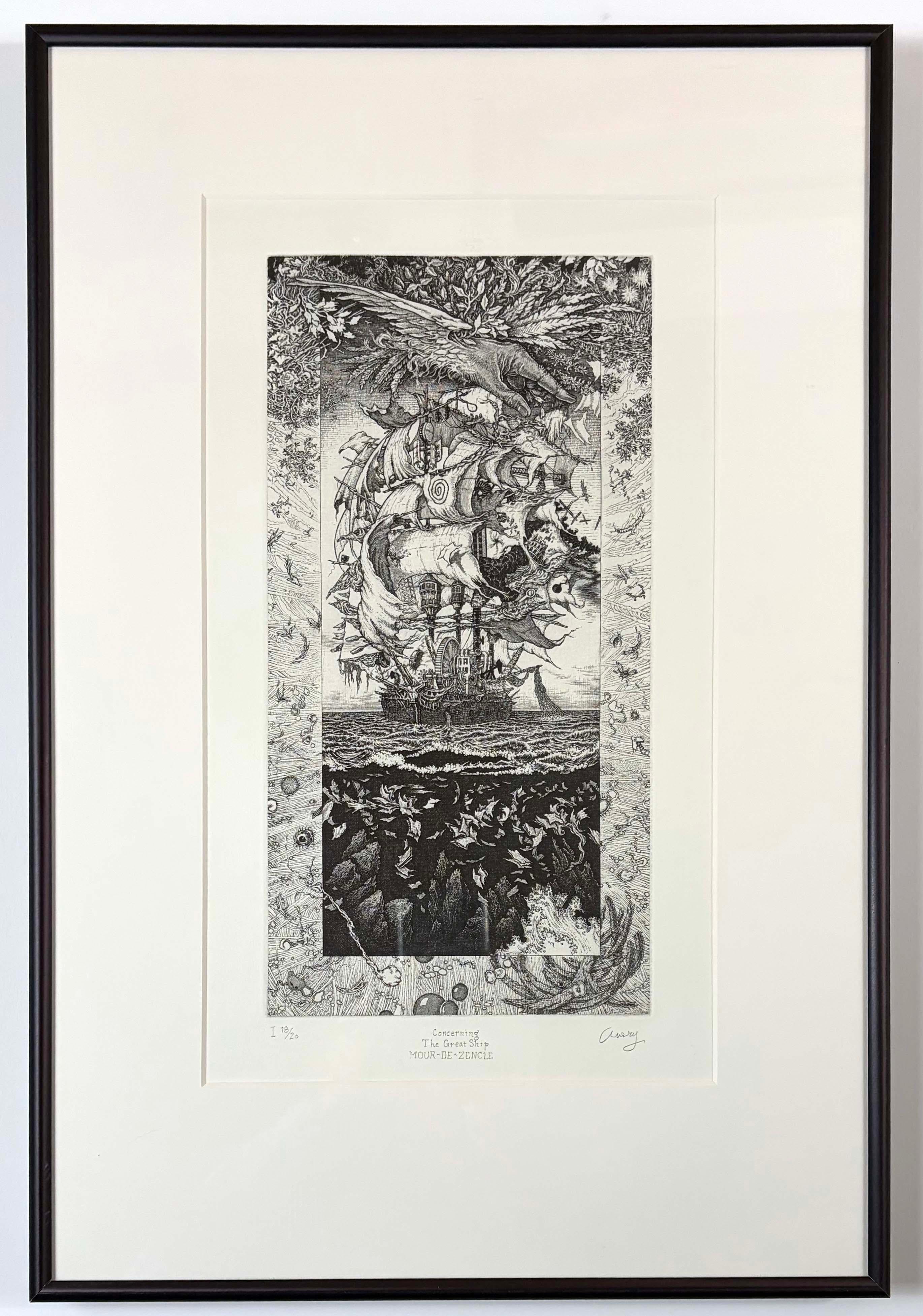 

Description

David Avery’s Concerning The Great Ship MOUR-DE-ZENCLE is a finely detailed black-and-white etching that exemplifies the artist’s masterful command of line and surreal symbolism. Avery frequently blends mythology, literary reference,