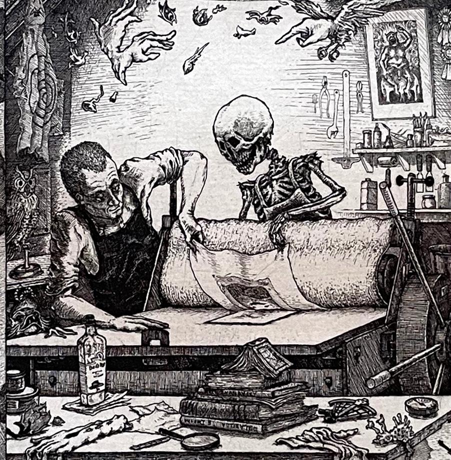 Death and the Printmaker - Black Figurative Print by David Avery