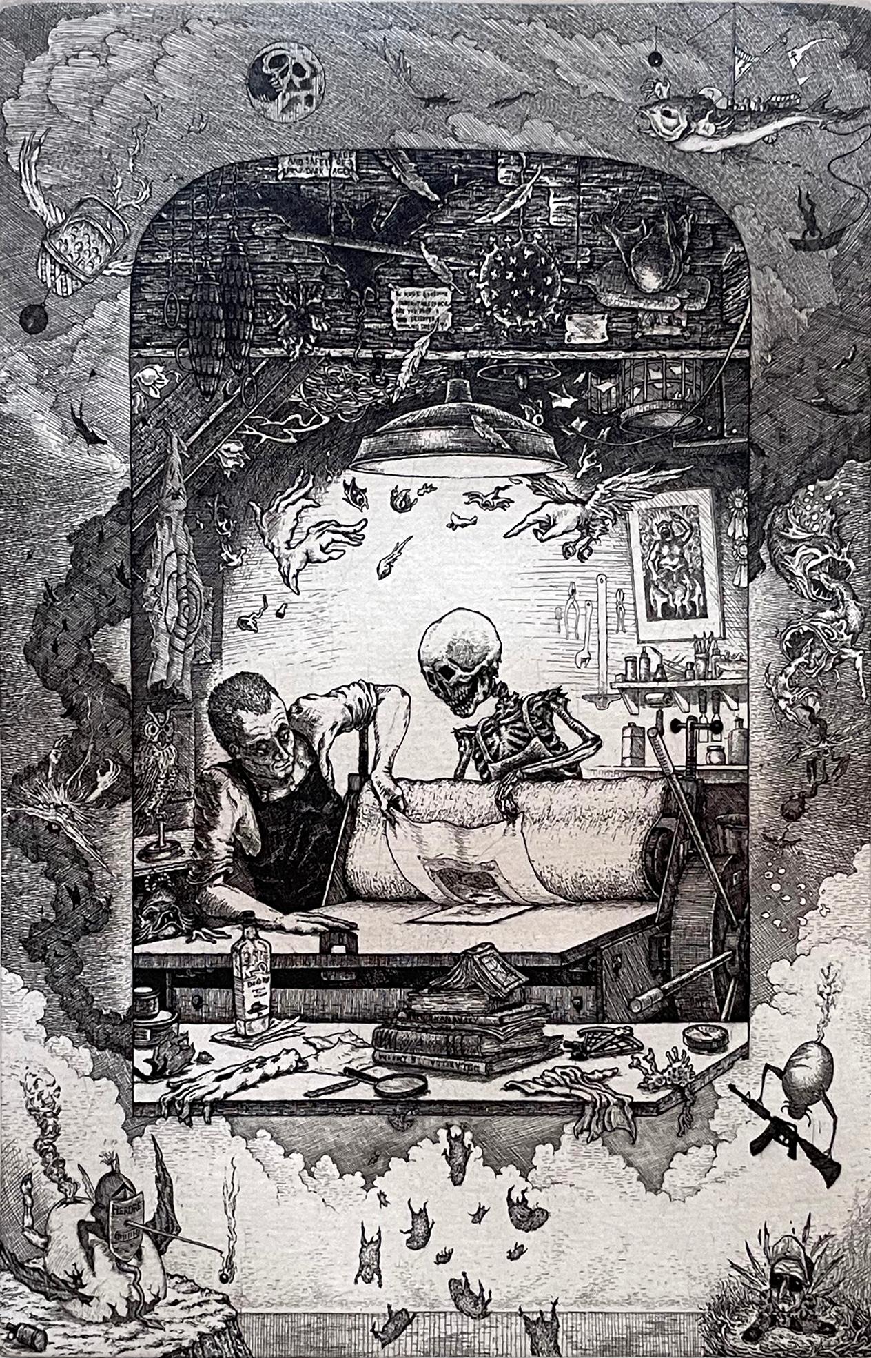 David Avery Figurative Print - Death and the Printmaker