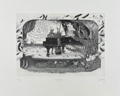 Encore!, etching by David Avery of skeleton playing a pianc