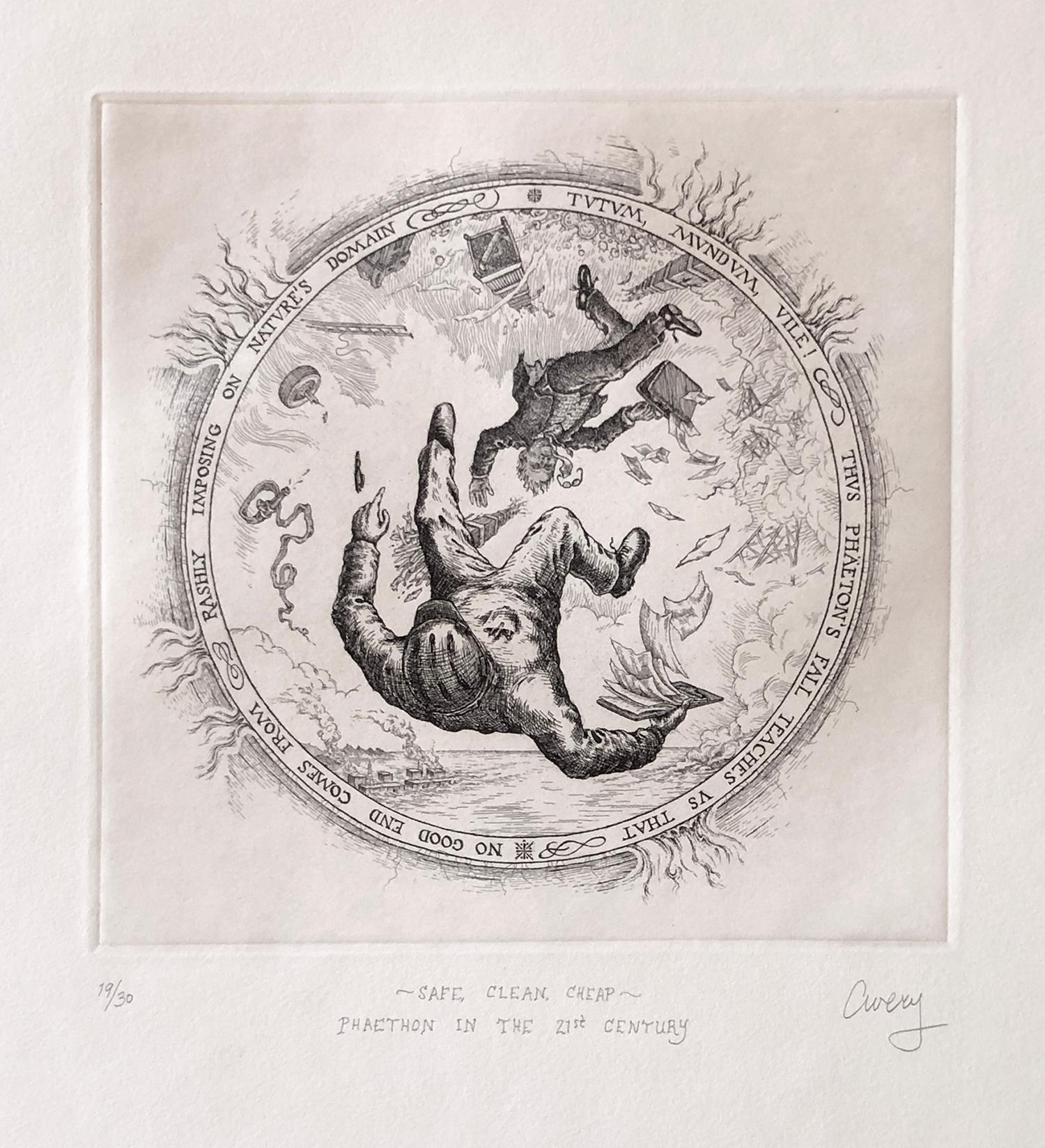 Signed, titled and numbered by the artist from the edition of 30. referring to man's disregard for the world around him, and the resulting damage to climate and environment, the text surrounding the image says:

Thus Phaeton's fall teaches us