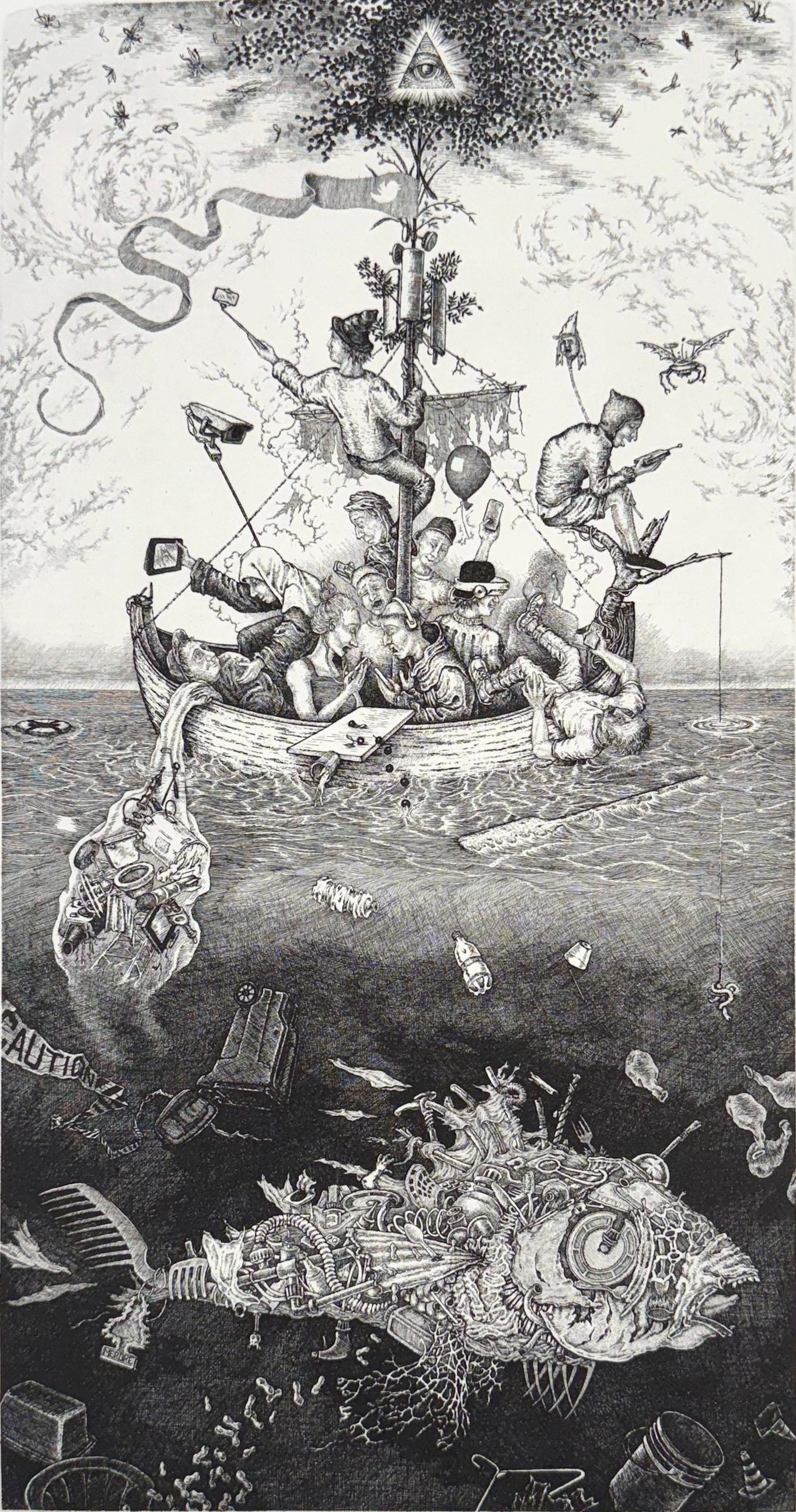 Signiert und nummeriert in einer Auflage von 35 Exemplaren. In Averys Grafiken mischen sich oft Elemente der Satire, der Mythen und Legenden mit seinem eigenen leichten Hauch von Surrealismus. Das Narrenschiff ist eine Allegorie, die erstmals in