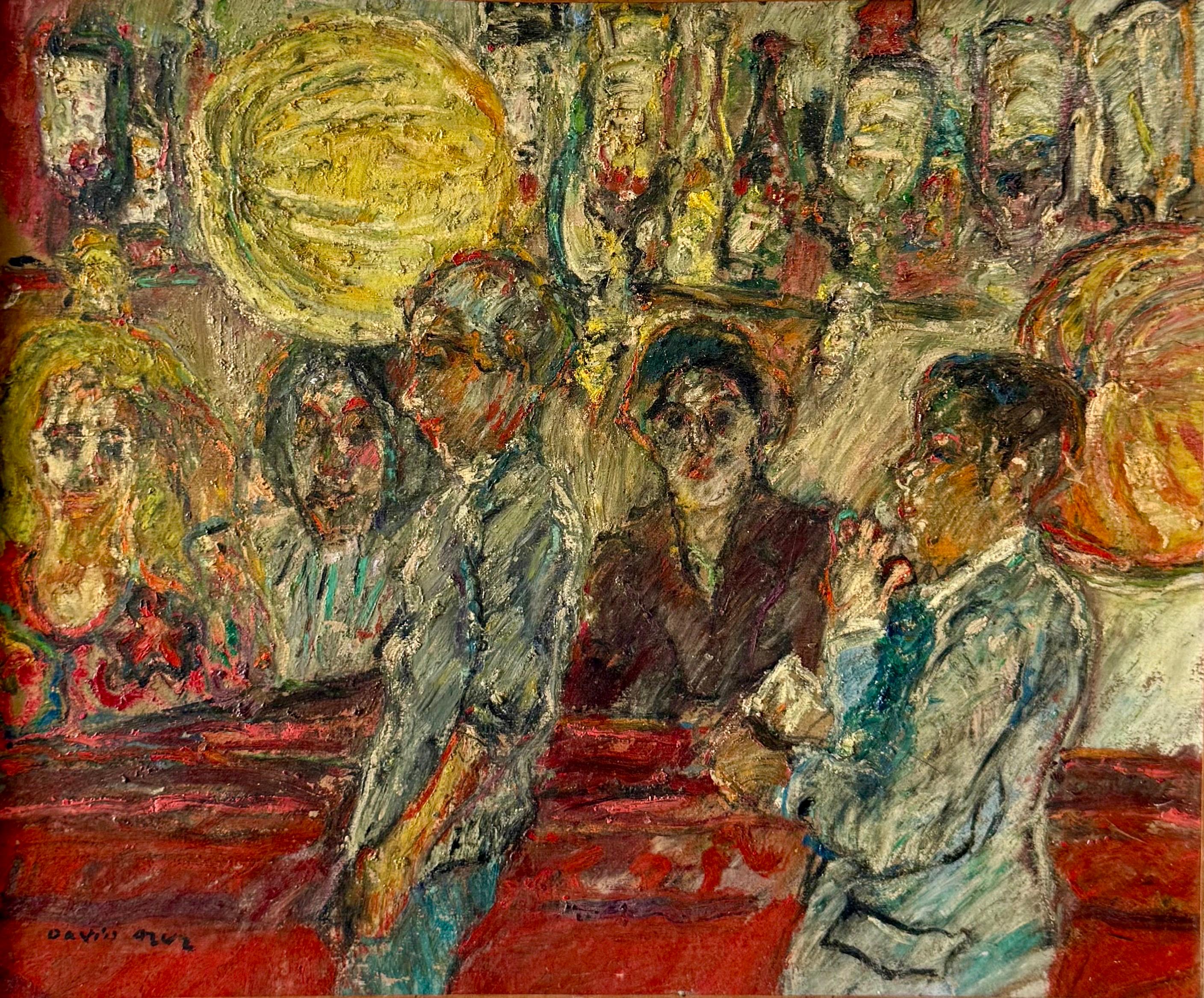 Peinture à l'huile naïve du Français David Azuz Scène de bar à Paris Fauviste colorée en vente 10