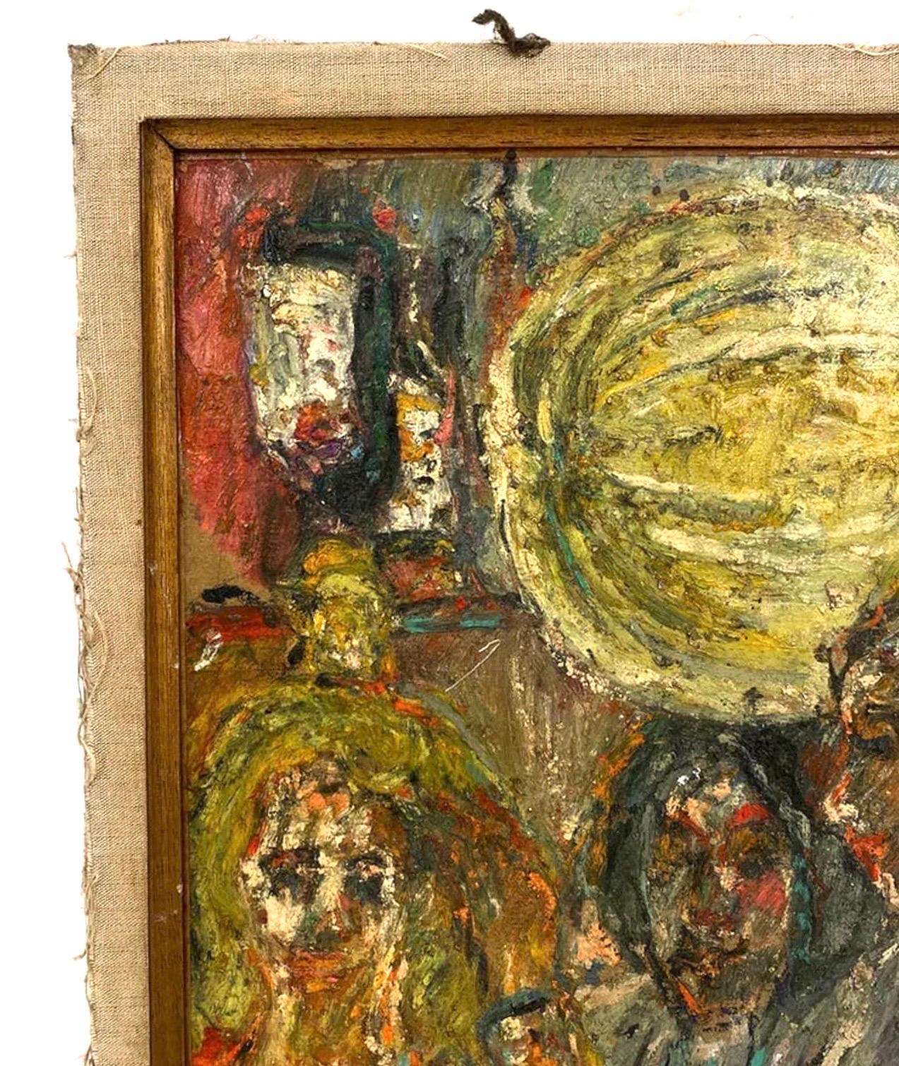 Peinture à l'huile naïve du Français David Azuz Scène de bar à Paris Fauviste colorée en vente 11